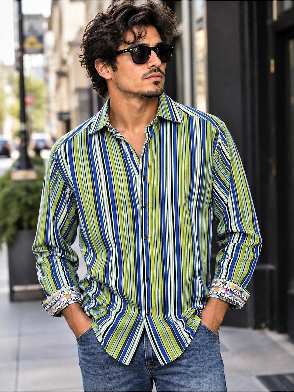 Robert Graham Classic Fit Striped Button Down in Blue & Green Large Like New